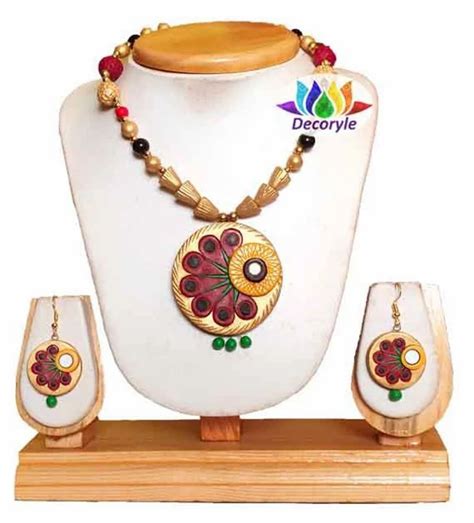 Round Golden Terracotta Mayurpankh Necklace Set Size Adjustable At Rs