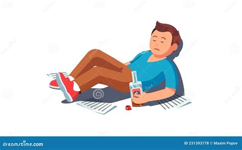 Sad Drunk Man Lying Holding Whiskey Alcohol Bottle Stock Vector