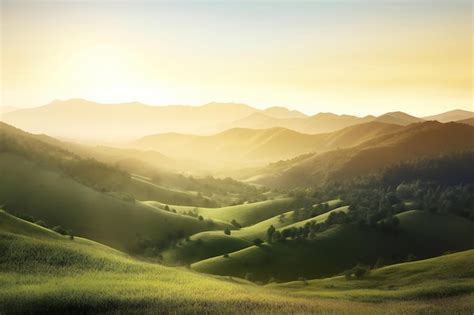 Premium AI Image | Landscape of hills and meadows in the morning light at sunrise