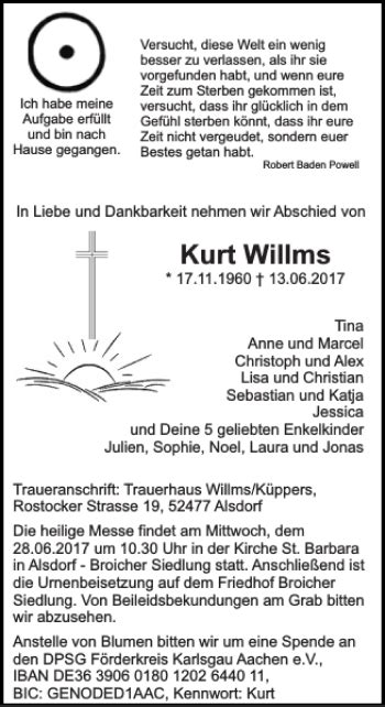 Traueranzeigen Von Kurt Willms Aachen Gedenkt