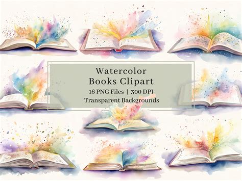 16 Watercolor Books Clipart PNG Bundle Open Book Clipart