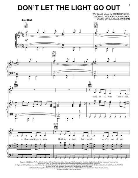 Dont Let The Light Go Out By Panic At The Disco Sheet Music For Piano Vocal And Guitar Chords