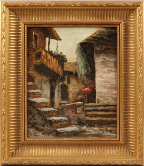 Scorcio Di Paese Olio Su Tavola 31x25 Cm Firmato A Tominetti Entro