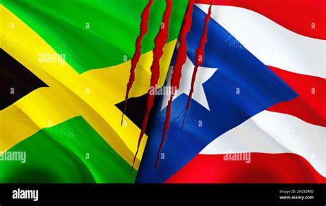 Jamaica And Puerto Rico Flags With Scar Concept Waving Flag D