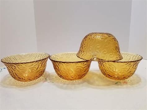 Vintage Amber Glass Bowls Salad Soup Cereal Dessert Bowls Textured Glass Bowls Set Of 4