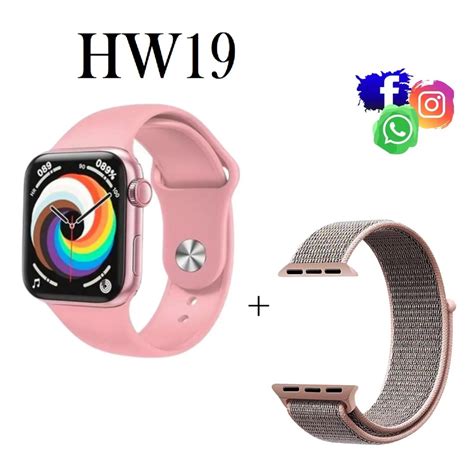 Relógio SmartWatch Hw19 Rosa Feminino c Duas Pulseiras Batimento