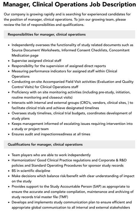 Manager Clinical Operations Job Description Velvet Jobs