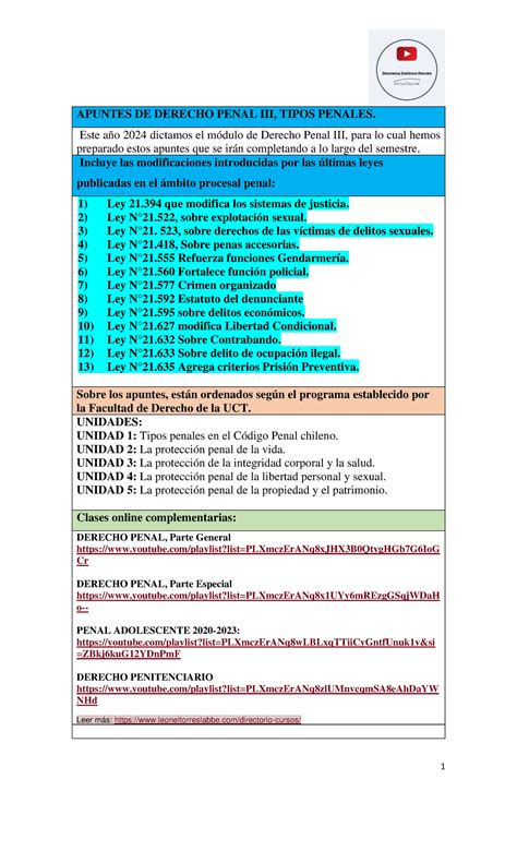 Apuntes Derecho Penal III Tipos Penales 2024 Prof Leonel Torres Labbé