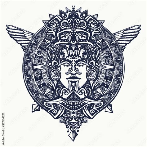 Ancient totem, wings and mayan sun tattoo and t-shirt design. Aztec art ...