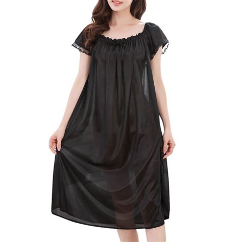 Genema Womens Summer Lace Ice Silk Nightdress Short Sleeve Loose Plus