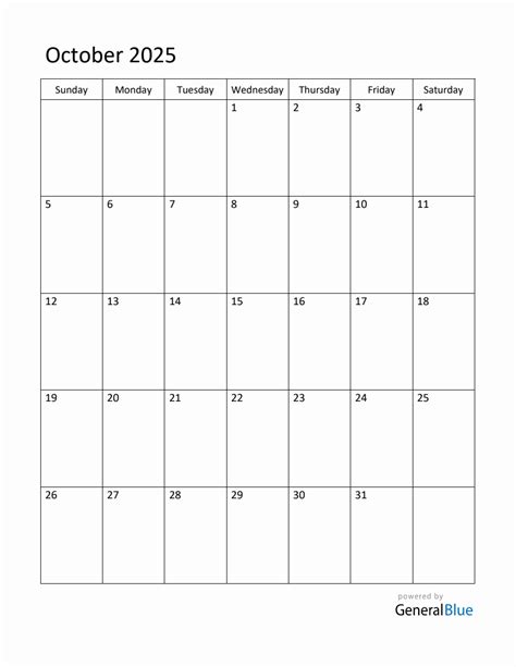 Editable October 2025 Monthly Calendar