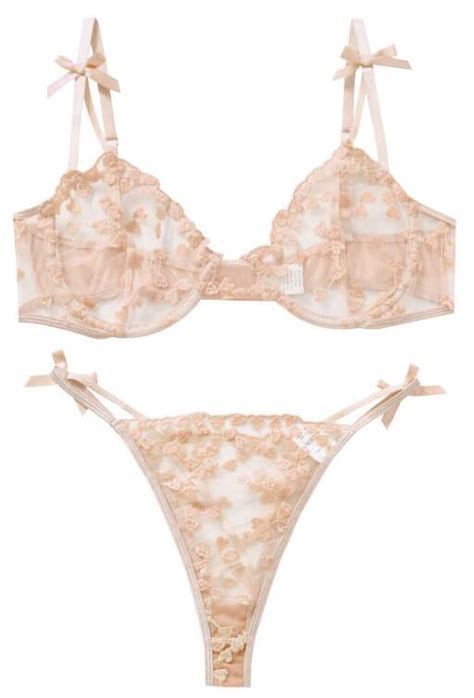 ALOECDYV Sexy Womens Underwire Strappy Embroidered Mesh Sheer Lingerie V Neck Set See Bra 2