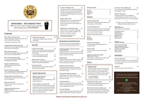 Irish Menu - The Irish Times Pub