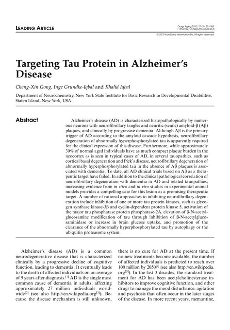 Targeting Tau Protein in Alzheimer's Disease (PDF Download Available)