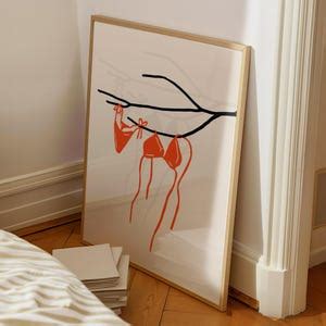 Summer Red Bikini Poster Bikini Hanging On A Branch Wall Art Laundry Dorm Room Decor Modern