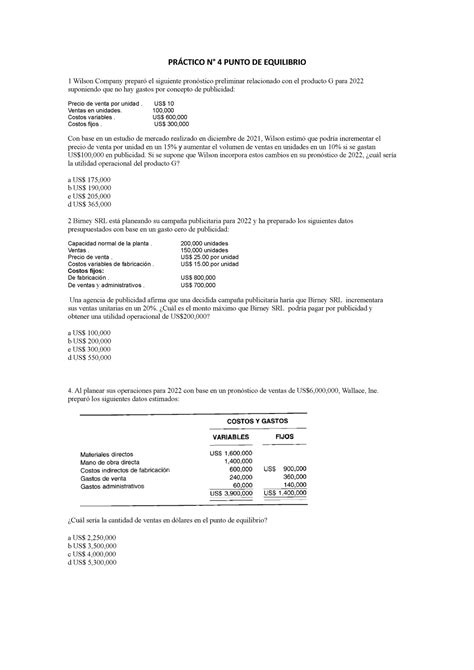 Práctico N° 4 - Punto DE Equilibrio - PRÁCTICO N° 4 PUNTO DE EQUILIBRIO
