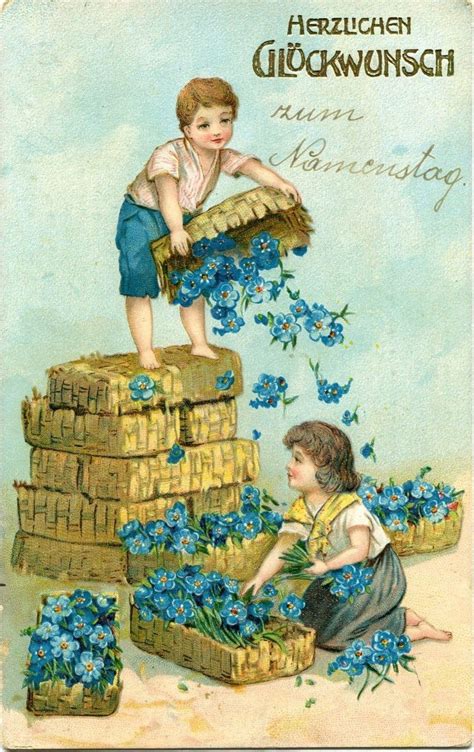 AK Herzlichen Glückwunsch zum Namenstag Kinder blaue Blumen um 1906