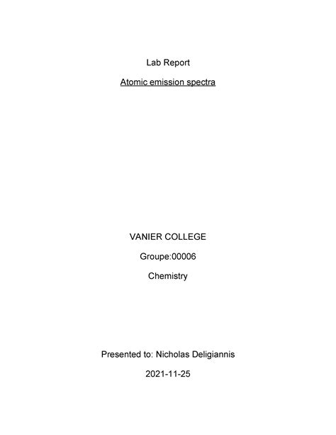 Lab Repor 1 atomic spectrum - Lab Report Atomic emission spectra VANIER COLLEGE Groupe ...