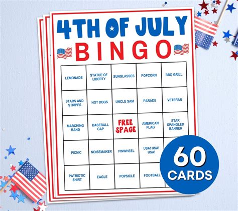 60 Fourth Of July Bingo Cards Printable Game 4th Of July Usa