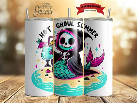 Hot Ghoul Summer Mermaid Skeleton Oz Tumbler Wrap Seamless Sublimation Design Digital