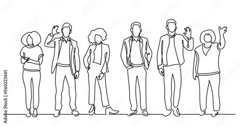 continuous line drawing of diverse group of standing people team ...