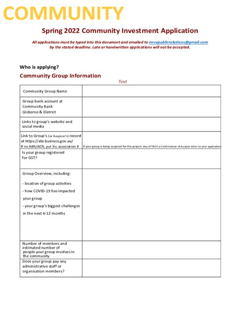 Fillable Online Community Investment Information Guide Application Form