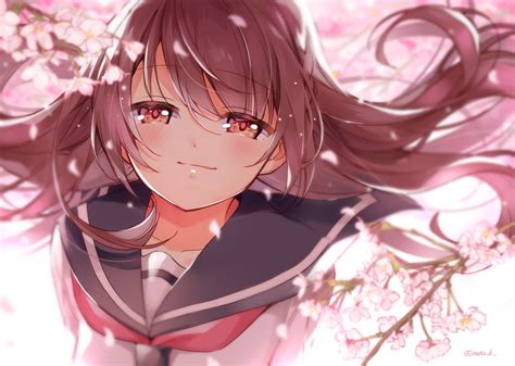 Blush Brown Hair Cherry Blossoms Close Flowers Hazuki Natsu Long Hair