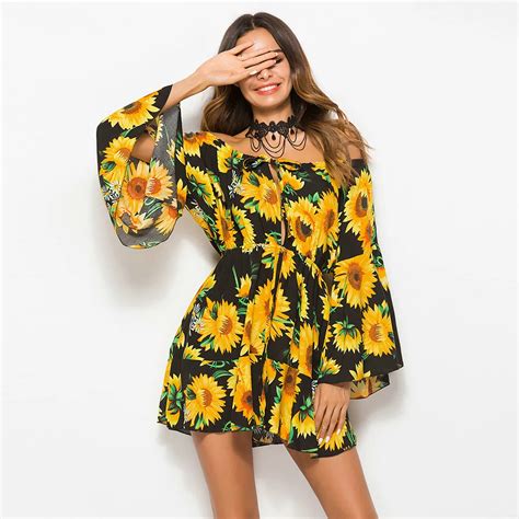 Sunflower Print Swing Loose Summer Hawaii Dress Women Long Flare Sleeve