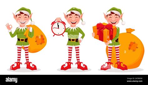 Merry Christmas Funny Elf Set Of Three Poses Santa Claus Helper Elf