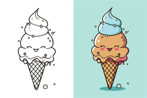 Cute Ice Cream Cartoon Line Art Vector Icon Illustration Food Drink