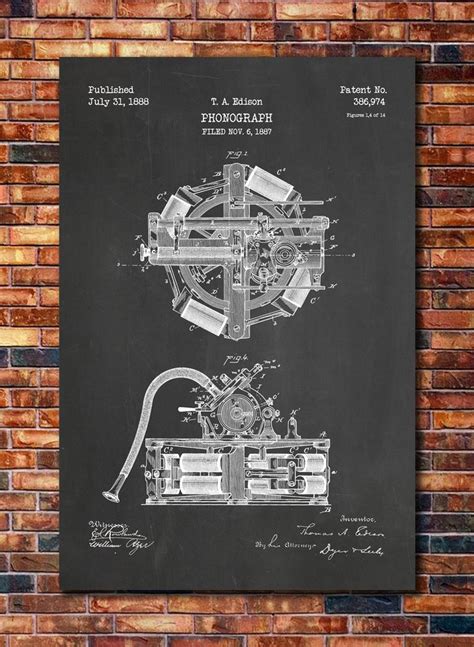 Edison Phonograph Patent Print Art 1888 Etsy Patent Prints Edison