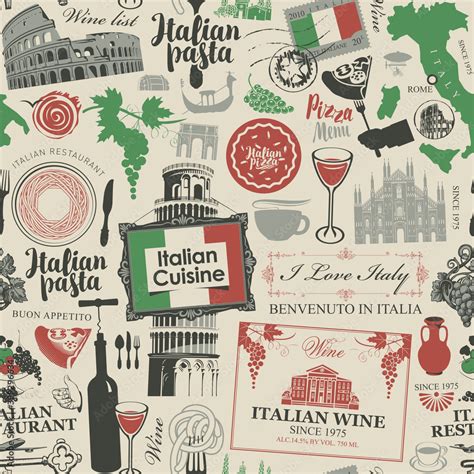 Abstract Seamless Pattern On The Theme Of Italy And Italian Cuisine In