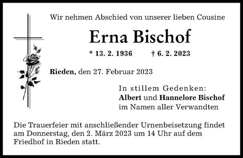 Traueranzeigen Von Erna Bischof Augsburger Allgemeine Zeitung