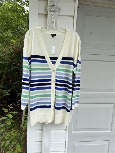 Nwt Talbots Pretty Cream Blues Greens Striped V Neck Long Sleeve