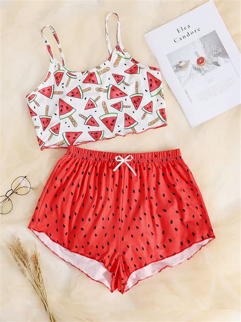 Watermelon Print Bow Detail Pajama Set Cute Pajama Sets Cute Sleepwear Pajama Outfits