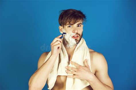 Man With Naked Torso Shaving Beard With Safety Razor Stock Image Image Of Beauty Hair 129268287