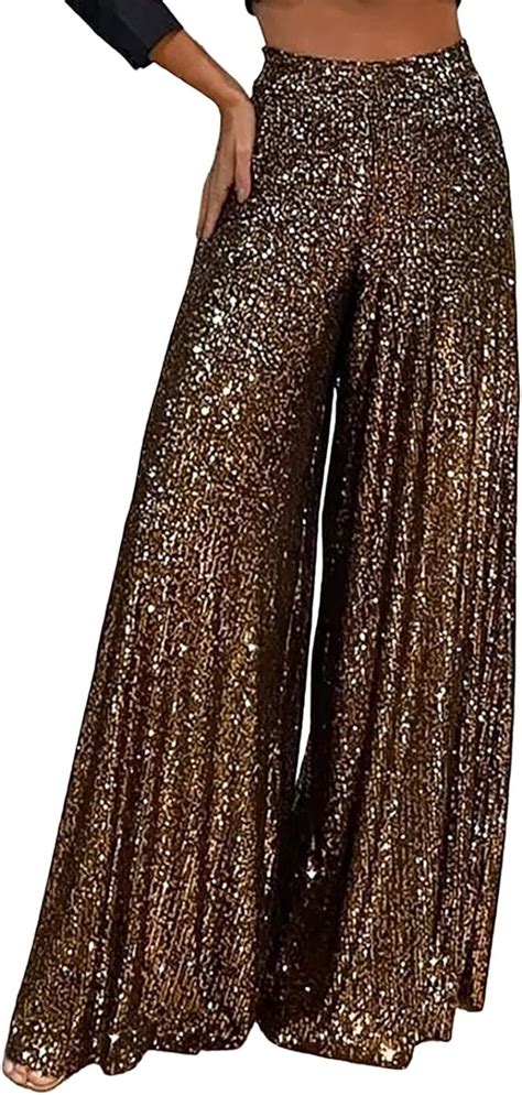 Pailletten Hose Damen High Waist Weite Hose Damen Glitzer Hose Damen