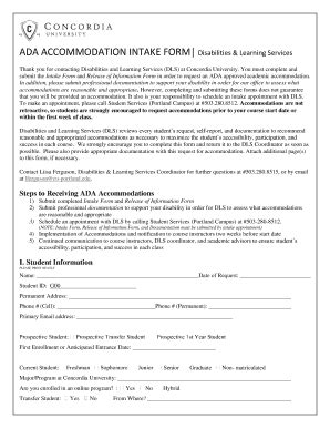 Fillable Online Cu Portland ADA ACCOMMODATION INTAKE FORM Concordia