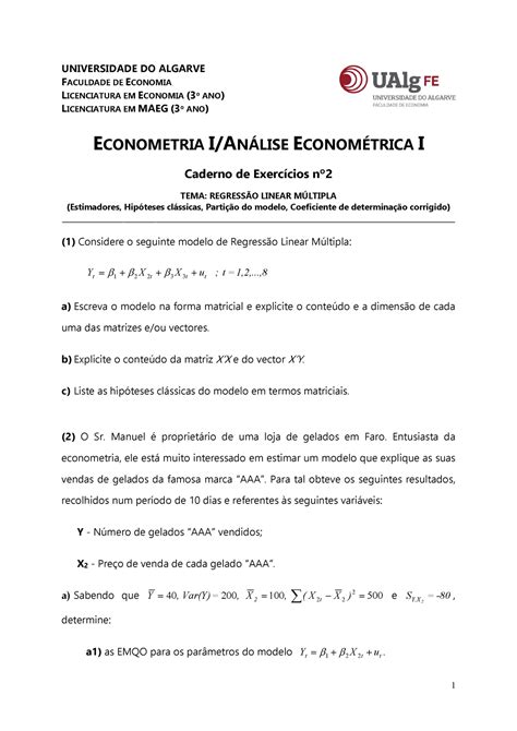 5 Caderno de exercícios nº2 Econometria I Ualg Studocu