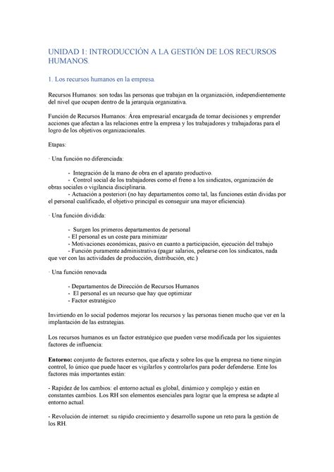 Tema 1 Introducción A La Gestión De Recursos Humanos Unidad 1