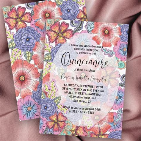 Colorful Detailed Flowers and Leaves Quinceañera Invitation | Zazzle