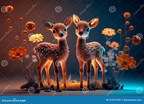 Two Cute Fawns and Flowers Realistic Generative AI Stock Illustration ...