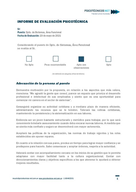 Informe Psicotecnico Apuntes De Psicolog A Docsity