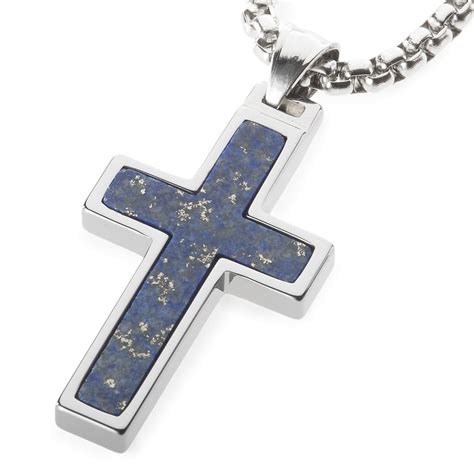 Unique Tungsten Cross Pendant With Lapis Lazuli Inlay 4mm Wide Surgic