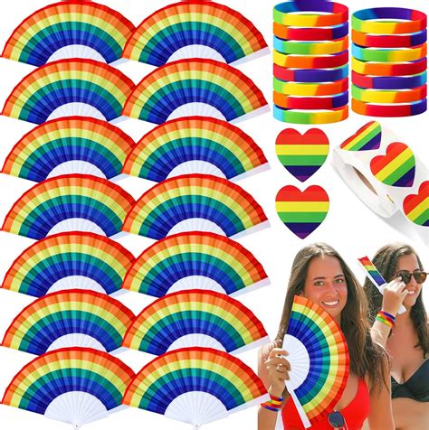 Amazon Henoyso 15 Sets Gay Pride Accessories Include Rainbow Folding Fans Handheld Fan