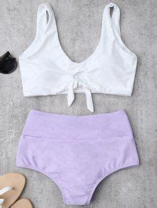 Knotted High Waisted Ruched Bikini Set Purple Bikinis Zaful