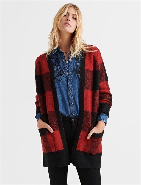 Lucky Brand Synthetic Buffalo Plaid Cardigan Sweater In Red Lyst