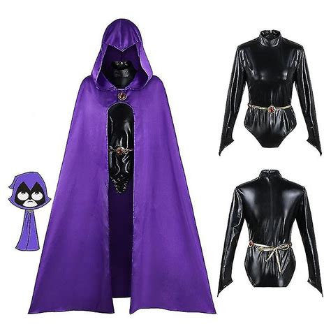 Anime Teen Titans Raven Cosplay Costume Superhero Cloak Jumpsuits