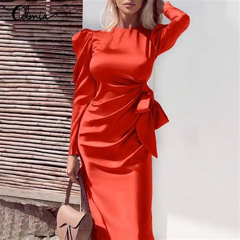 Kaufe Celmia Fr Hling Frauen Mode Fleck Seide Party Midi Kleid Puff