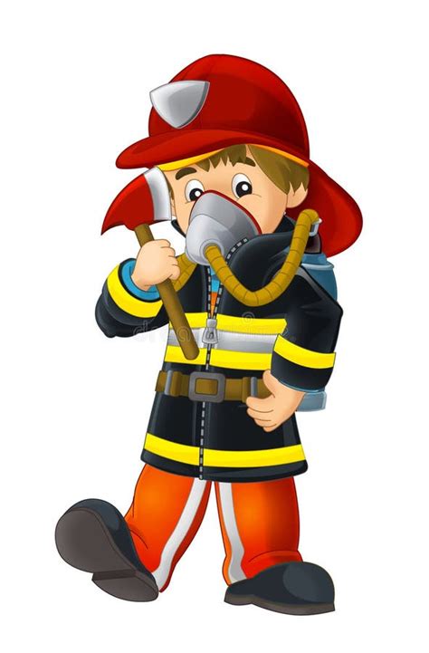 Cartoon Happy and Funny Fireman with Lifebouy Isolated Illustration for ...